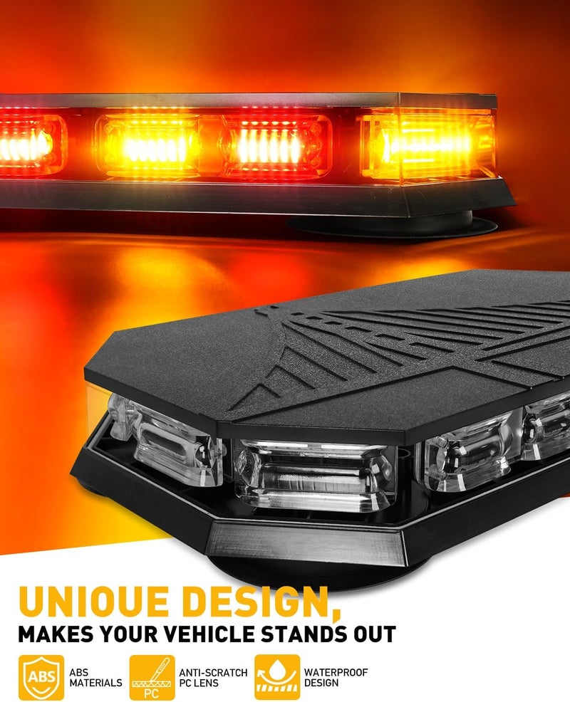 HLauto 406D Rooftop Emergency Strobe Lights Bar, 102 LED Amber Red Mini Beacon Safety Flashing Warning Traffic Lights Bar w/Magnetic Base for 12-24V Trucks, Construction Vehicles, Snowplow, Cars - Image 2